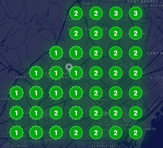 Mapa de zona después: casi todos los puntos en verde con números entre 1 y 3
