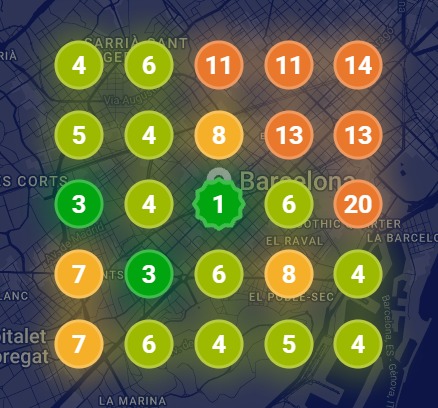 Mapa de zona durante: puntos verdes con números bajos y puntos naranjas con números medios