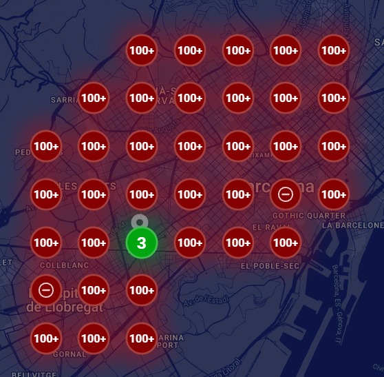 Mapa de zona antes: casi todos los puntos en rojo con 100+, uno verde con un 3